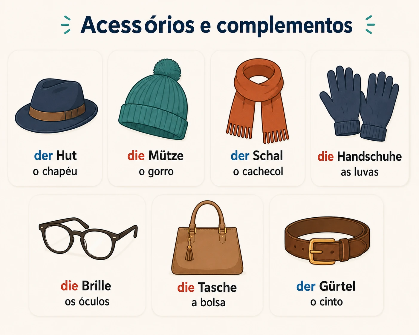 Acessórios ilustrados em alemão: der Hut (o chapéu), die Mütze (o gorro), der Schal (o cachecol), die Handschuhe (as luvas), die Brille (os óculos), die Tasche (a bolsa) e der Gürtel (o cinto)