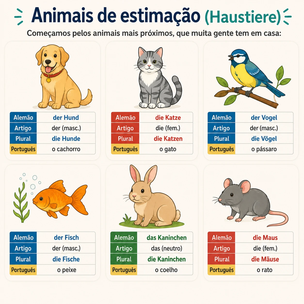 Die Haustiere - os animais de estimação em alemão: der Hund (o cachorro), die Katze (o gato), der Vogel (o pássaro), der Fisch (o peixe), das Kaninchen (o coelho) e die Maus (o rato)