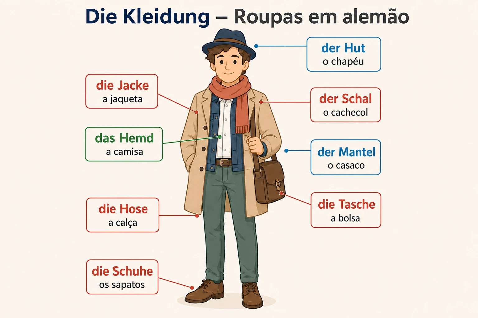 Die Kleidung – as roupas em alemão: der Hut (o chapéu), die Jacke (a jaqueta), das Hemd (a camisa), der Schal (o cachecol), der Mantel (o casaco), die Hose (as calças), die Schuhe (os sapatos) e die Tasche (a bolsa)